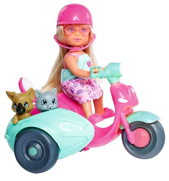 Puppe Simba Eva auf einem Motorroller mit Beiwagen ...