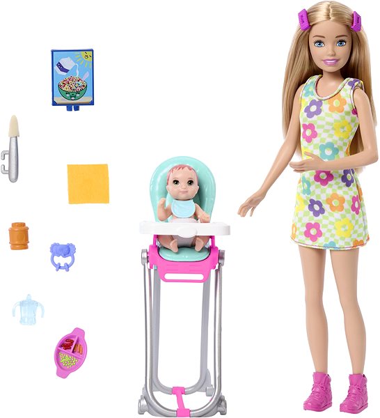 Puppe Barbie Nanny Spielset - Puppe im geblümten Kleid ...