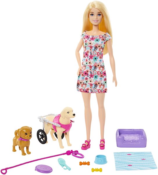 Puppe Barbiepuppe und Hund mit Rollstuhl ...