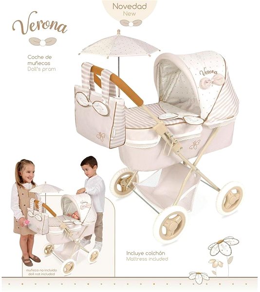 Kočík pre bábiky DeCuevas 85078 Skladací kočík pre bábiky so slnečníkom a taškou Verona 2024 – 60 cm ...