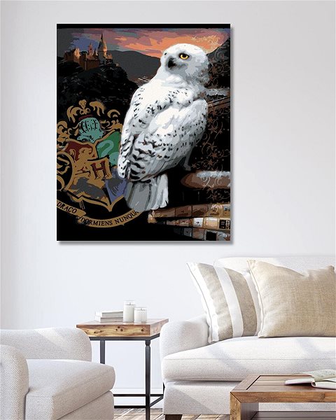 Maľovanie podľa čísel Zuty – Maľovanie podľa čísel – Plagát Hedviga a erb Rokfort (Harry Potter), 40 × 50 cm, plátno + rám ...