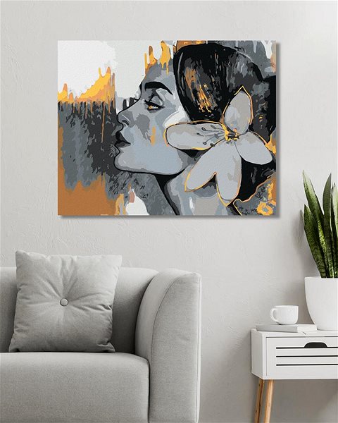 Maľovanie podľa čísel Zuty – Maľovanie Podľa Čísel – Žena Na Sivom Pozadí So Zlatými Prvkami 2, 80 × 100 cm, Plátno + Rám ...