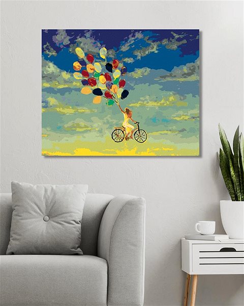 Maľovanie podľa čísel Zuty – Maľovanie podľa čísel – Žena na bicykli s balónikmi, 80 × 100 cm, plátno + rám ...