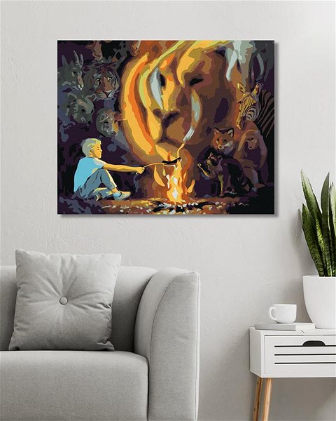 Maľovanie podľa čísel Zuty – Maľovanie podľa čísel – Chlapec pri ohni a lev v dyme (D. Rusty Rust), 80 × 100 cm, plátno + rám ...