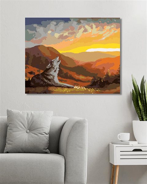 Maľovanie podľa čísel Zuty – Maľovanie podľa čísel – Vyjúci vlk, západ slnka a hory (D. Rusty Rust), 80 × 100 cm, plátno + rám ...