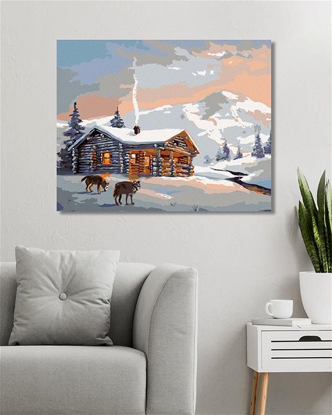 Maľovanie podľa čísel Zuty – Maľovanie podľa čísel – Vlci a chata v zime (D. Rusty Rust), 80 × 100 cm, plátno + rám ...