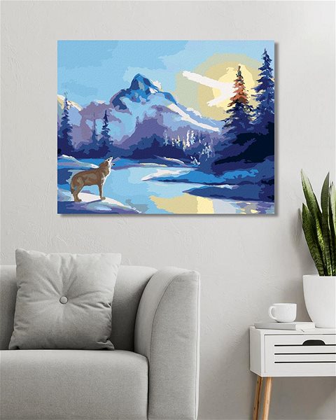 Maľovanie podľa čísel Zuty – Maľovanie podľa čísel – Vyjúci vlk, slnko a hory (D. Rusty Rust), 80 × 100 cm, plátno + rám ...