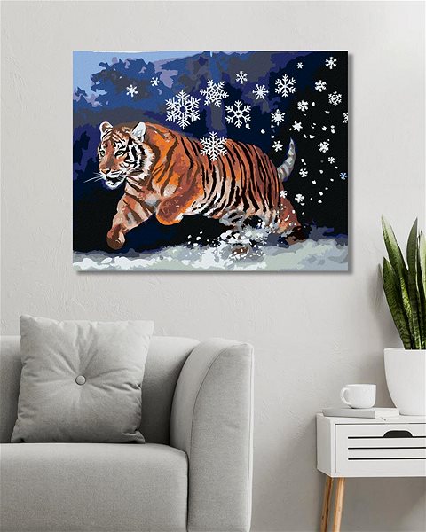 Maľovanie podľa čísel Zuty – Maľovanie podľa čísel – Tiger a snehové vločky (D. Rusty Rust), 80 × 100 cm, plátno + rám ...