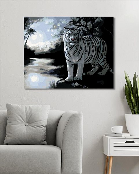 Maľovanie podľa čísel Zuty – Maľovanie podľa čísel – Biely tiger a rieka (D. Rusty Rust), 80 × 100 cm, plátno + rám ...