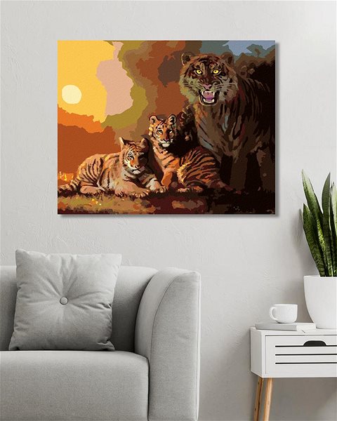 Maľovanie podľa čísel Zuty – Maľovanie podľa čísel – Tiger s mláďatami a západ slnka (D. Rusty Rust), 80 × 100 cm, plátno + rám ...