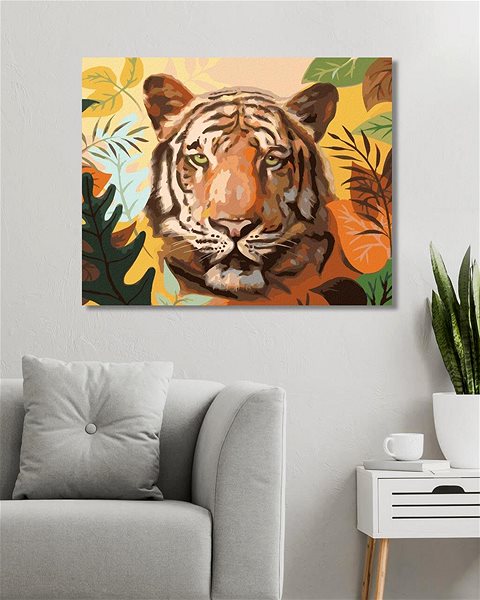 Maľovanie podľa čísel Zuty – Maľovanie podľa čísel – Tiger a listy (D. Rusty Rust), 80 × 100 cm, plátno + rám ...