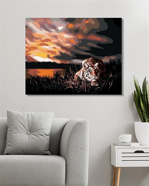 Maľovanie podľa čísel Zuty – Maľovanie podľa čísel – Číhajúci tiger a západ slnka (D. Rusty Rust), 80 × 100 cm, plátno + rám ...