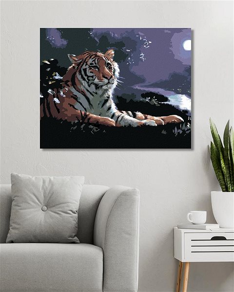 Maľovanie podľa čísel Zuty – Maľovanie podľa čísel – Ležiaci tiger, rieka a spln (D. Rusty Rust), 80 × 100 cm, plátno + rám ...