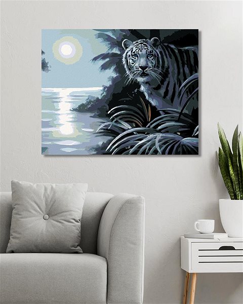 Maľovanie podľa čísel Zuty – Maľovanie podľa čísel – Biely tiger, rieka a spln (D. Rusty Rust), 80 × 100 cm, plátno + rám ...