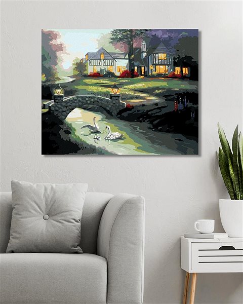 Maľovanie podľa čísel Zuty – Maľovanie podľa čísel – Labute na rieke a dom (D. Rusty Rust), 80 × 100 cm, plátno + rám ...
