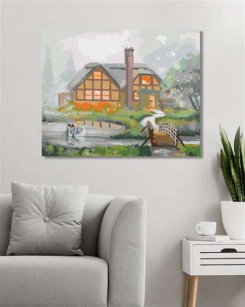 Maľovanie podľa čísel Zuty – Maľovanie podľa čísel – Labute a dom v hmle (D. Rusty Rust), 80 × 100 cm, plátno + rám ...