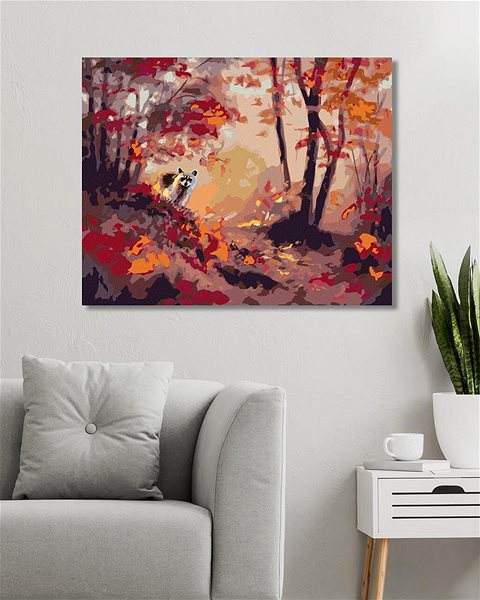 Maľovanie podľa čísel Zuty – Maľovanie podľa čísel – Medvedík čistotný a jesenný les (D. Rusty Rust), 80 × 100 cm, plátno + rám ...