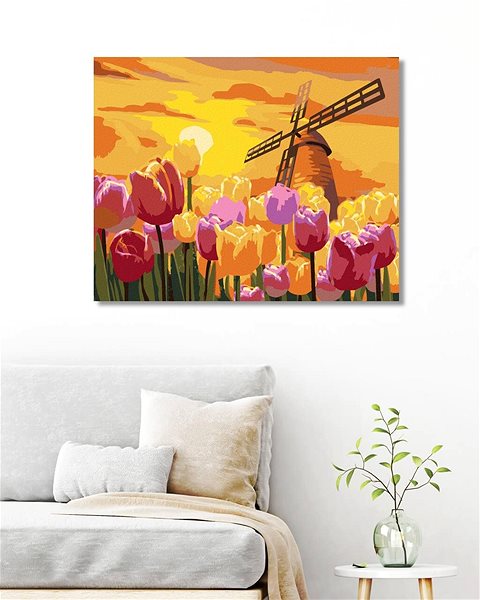 Maľovanie podľa čísel Zuty – Maľovanie Podľa Čísel – Krásne Tulipány S Veterným Mlynom, 80 × 100 cm, Plátno + Rám ...
