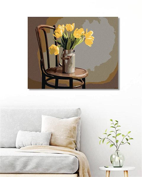 Maľovanie podľa čísel Zuty – Maľovanie Podľa Čísel – Žlté Tulipány V Kanvici Na Mlieko Na Stoličke, 80 × 100 cm, Plátno + Rám ...