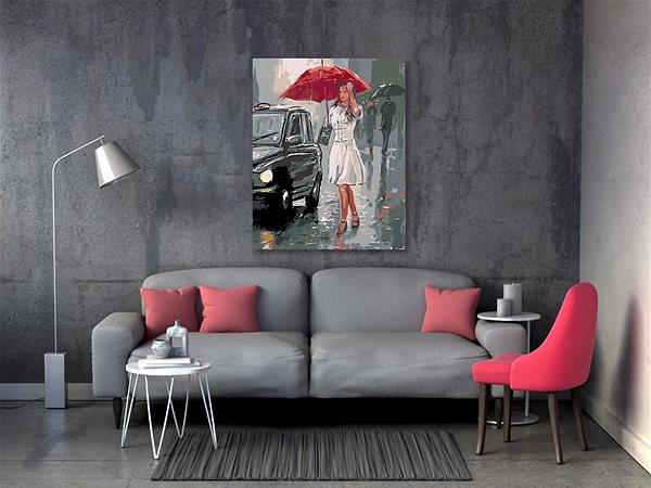 Maľovanie podľa čísel Maľovanie podľa čísel – Žena pri aute v daždi, 40 × 50 cm, napnuté plátno na rám ...