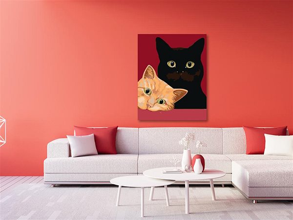 Maľovanie podľa čísel Maľovanie podľa čísel – Dve mačky a červené pozadie, 40 × 50 cm, plátno napnuté na ráme ...