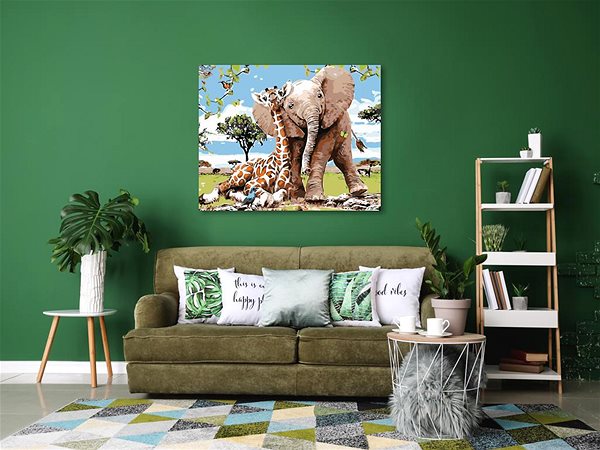 Maľovanie podľa čísel Maľovanie podľa čísel – Žirafa a sloník, 100 × 80 cm, napnuté plátno na rám ...