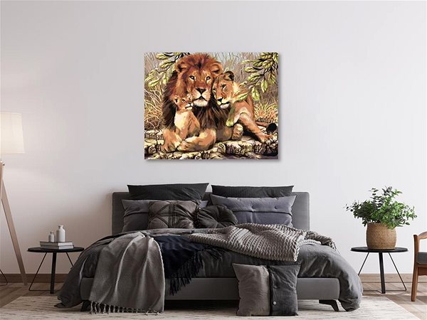 Malen nach Zahlen Malen nach Zahlen - Löwe mit Löwin und Löwenjunge, 50x40 cm, ohne Rahmen und ohne gespannte Leinwand ...
