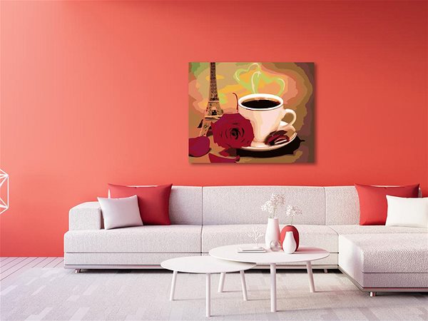 Maľovanie podľa čísel Maľovanie podľa čísel - Biela šálka kávy s ružou a Eiffelovkou, 50 x 40 cm, napnuté plátno na ráme ...
