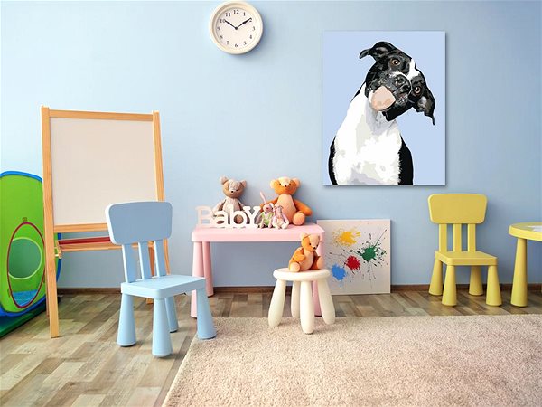 Maľovanie podľa čísel Maľovanie podľa čísel - Čierno-biely pes s vyplazeným jazykom, 40 x 50 cm, napnuté plátno na ráme ...