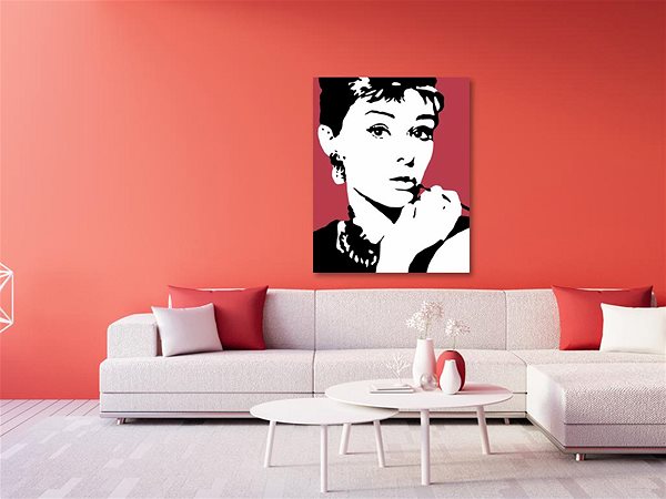 Maľovanie podľa čísel Maľovanie podľa čísel - Audrey Hepburn na červenom pozadí, 40 x 50 cm, napnuté plátno na ráme ...