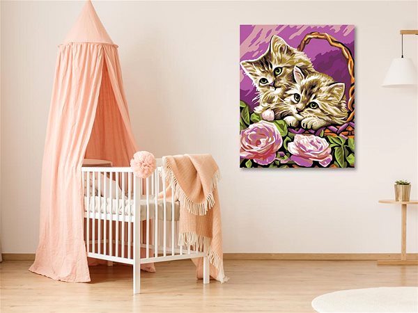 Maľovanie podľa čísel Maľovanie podľa čísel – Mačiatka v košíku a ružové ruže, 40 × 50 cm, napnuté plátno na rám ...