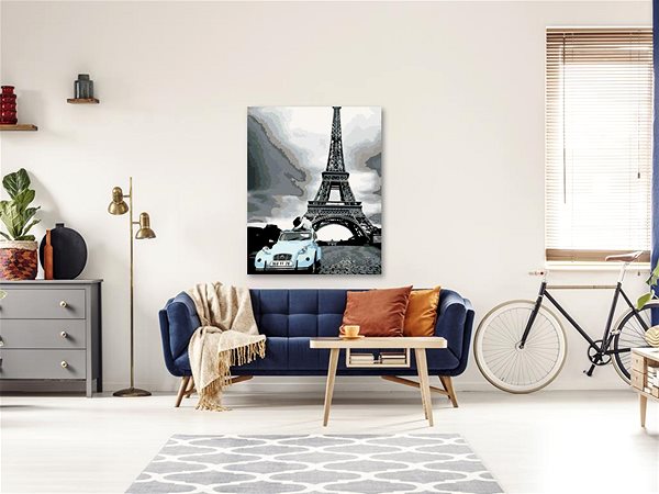 Maľovanie podľa čísel Maľovanie podľa čísel – Eiffelovka s modrým autom, 40 × 50 cm, napnuté plátno na rám ...