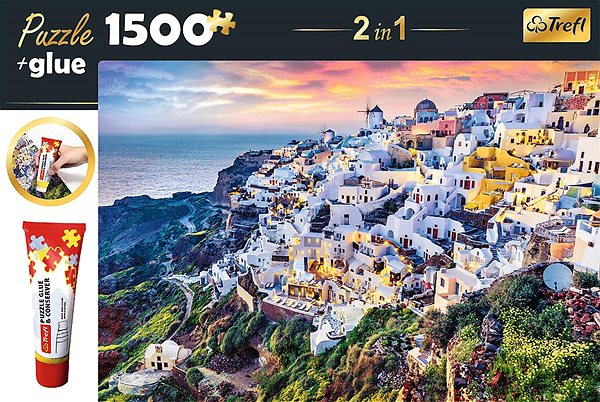 Puzzle Trefl Sada 2v1 puzzle Nádherný ostrov Santorini, Řecko 1 500 dílků s lepidlem ...