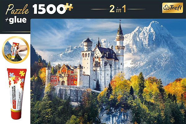 Puzzle Trefl Sada 2v1 puzzle Zámek Neuschwanstein na podzim 1 500 dílků s lepidlem ...