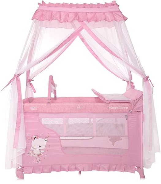 Cestovní postýlka Cestovní postýlka a ohradka 2v1 Lorelli Magic sleep + baldachýn mellow rose ballerina bear ...