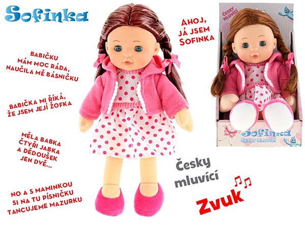 Panenka MIKRO-TRADING Panenka Sofinka hnědovláska 31 cm mrkací měkké tělo na baterie česky mluvící v krabičc ...