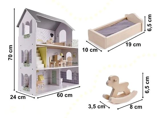 Domček pre bábiky Drevený domček pre bábiky + nábytok 70 cm sivý ...