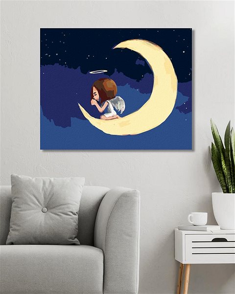 Maľovanie podľa čísel Anjelik sediaci na mesiaci, 40×50 cm, vypnuté plátno na rám ...