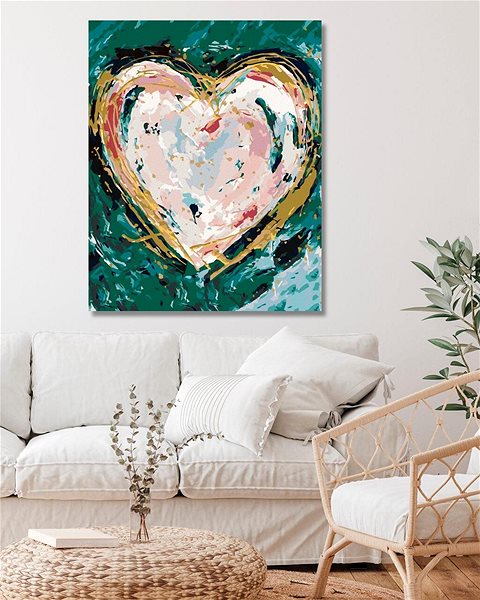 Maľovanie podľa čísel Farebné srdce na zelenom pozadí (Haley Bush), 40 × 50 cm, bez rámu a bez vypnutia plátna ...