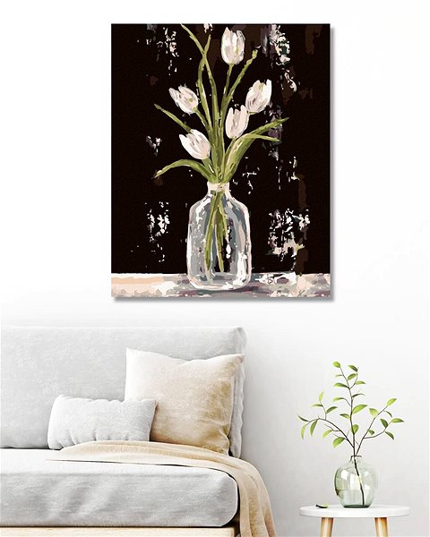 Maľovanie podľa čísel Biele tulipány v sklenenej váze (Haley Bush), 80 × 100 cm, bez rámu a bez napnutia plátna ...