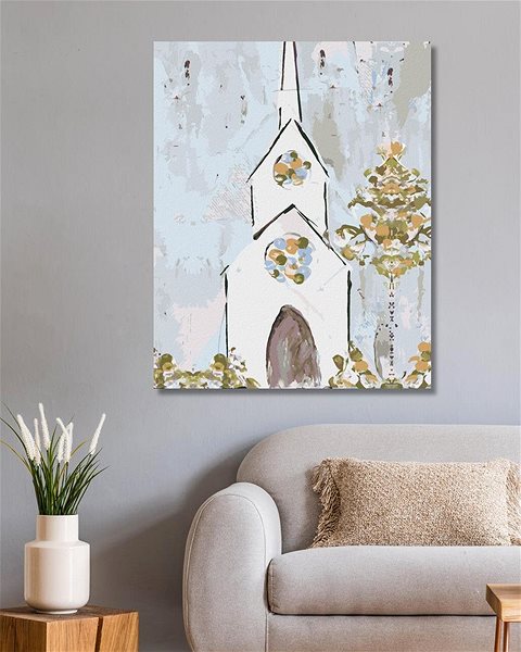 Maľovanie podľa čísel Biely maľovaný kostol (Haley Bush), 80 × 100 cm, plátno napnuté na rám ...