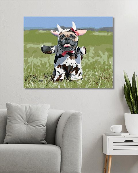 Maľovanie podľa čísel Buldoček prezlečený za kravu, 80 × 100 cm, plátno napnuté na rám ...