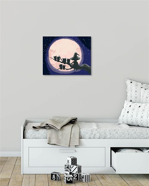 Maľovanie podľa čísel Čarodejnica a sovy sediace proti mesiacu, 80 × 100 cm, bez rámu a bez napnutia plátna ...