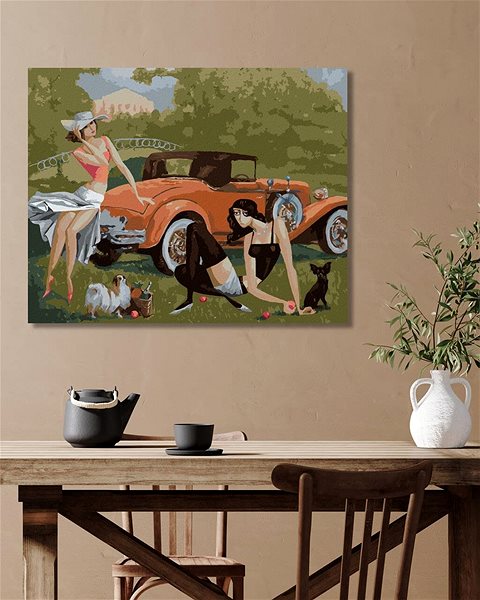Maľovanie podľa čísel Dámy so psami pri aute, 80 × 100 cm, plátno napnuté na rám ...