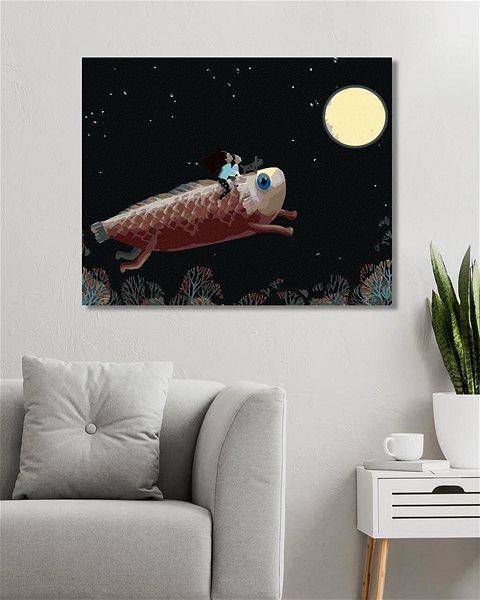 Maľovanie podľa čísel Deti na obrej rybe mieria na mesiac, 80 × 100 cm, plátno napnuté na rám ...