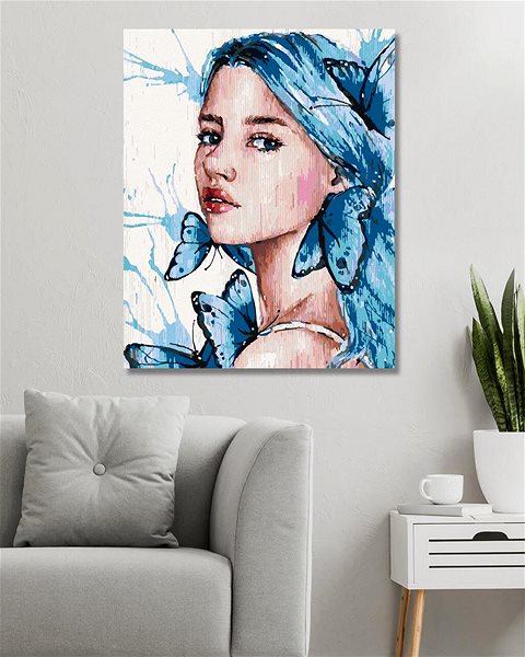 Maľovanie podľa čísel Dievča s modrými vlasmi a motýľmi, 80 × 100 cm, bez rámu a bez vypnutia plátna ...