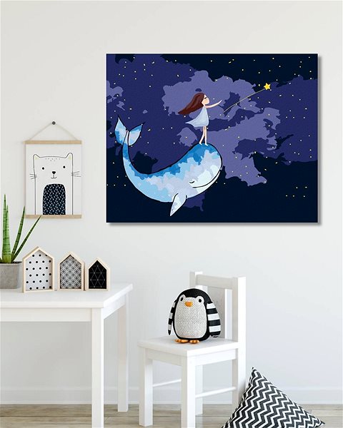 Maľovanie podľa čísel Dievča s veľrybou na nočnej oblohe, 40×50 cm, bez rámu a bez vypnutia plátna ...