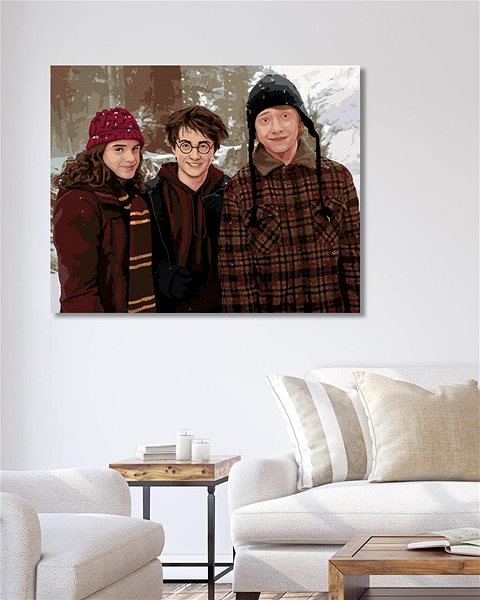 Maľovanie podľa čísel Harry Potter, Hermiona a Ron v zasneženej krajine, 40×50 cm, vypnuté plátno na rám ...