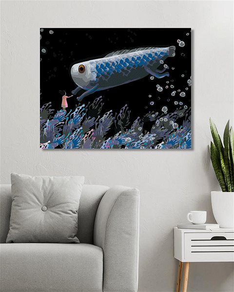 Maľovanie podľa čísel Dievčatko s obrou rybou, 80 × 100 cm, bez rámu a bez napnutia plátna ...