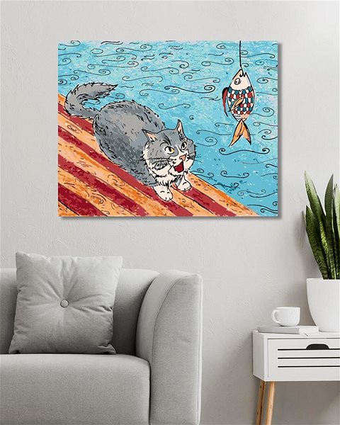 Maľovanie podľa čísel Mačka chytá rybu, 80 × 100 cm, bez rámu a bez napnutia plátna ...